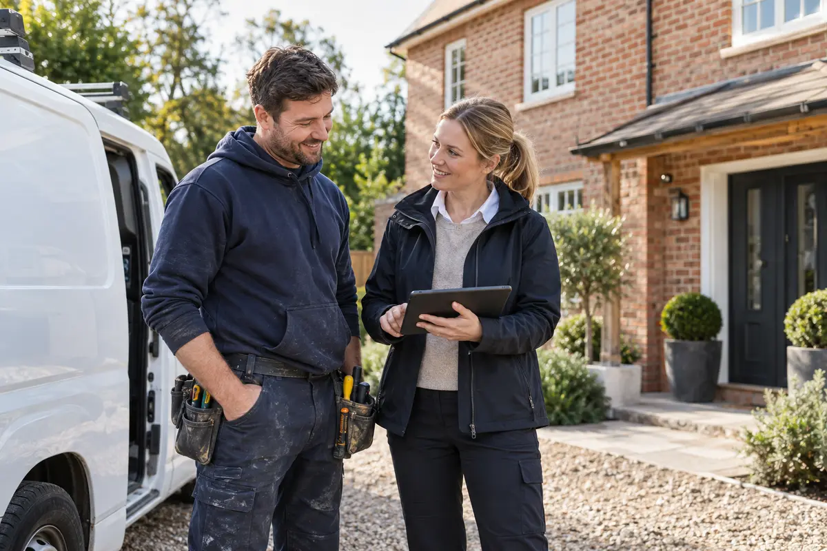 A tradesperson and a building professional reviewing work together beside a van.